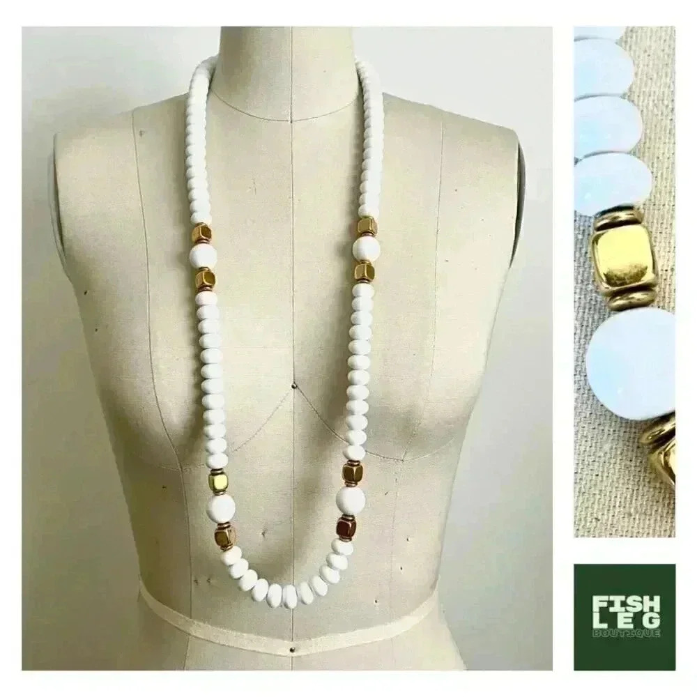 Monet | Vintage Round & Square Beaded Necklace - White & Gold Tone / 40"